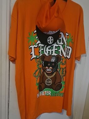 Hustler Hollywood Orange Graphic Tee with Bear Chain Print